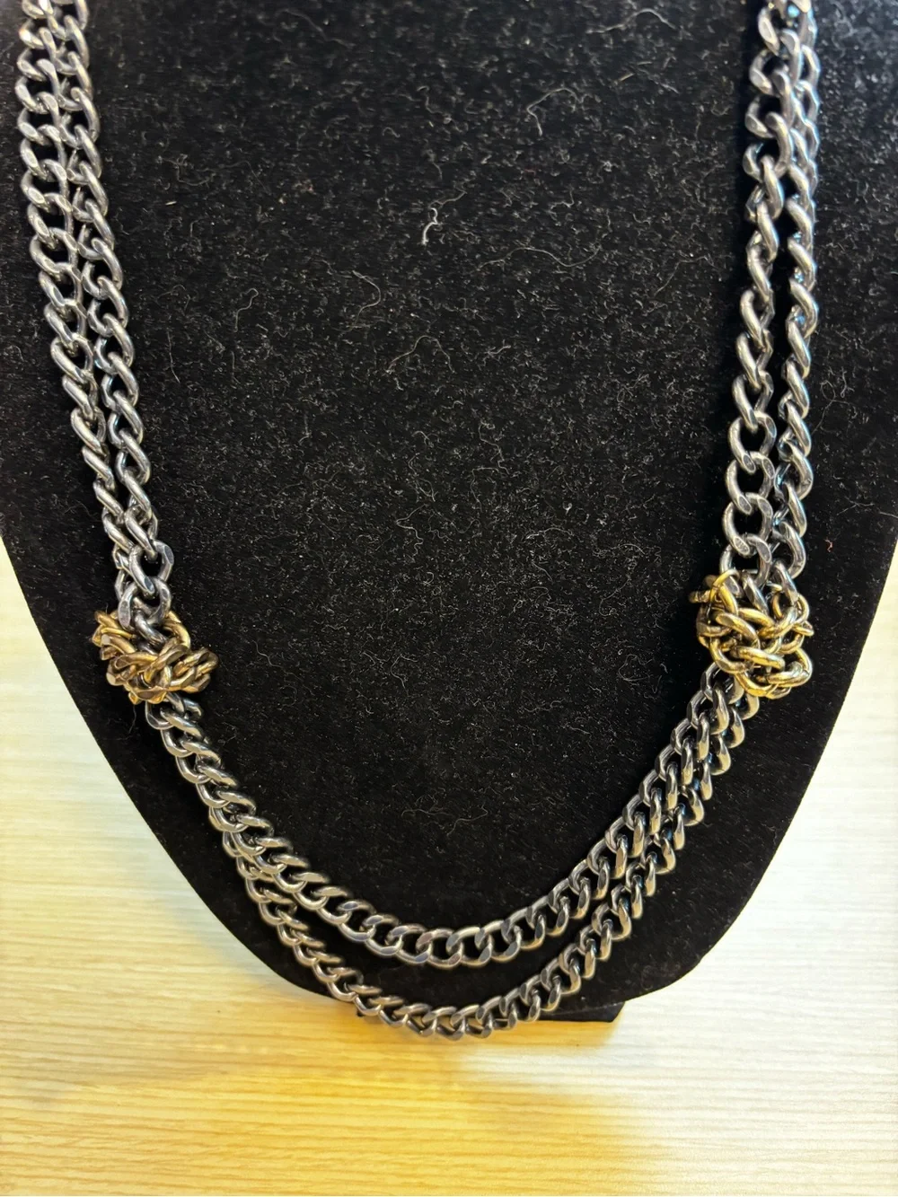 J. Crew Two Tone Knotted Double Strand Chain Necklace Gunmetal Gold Curb Link